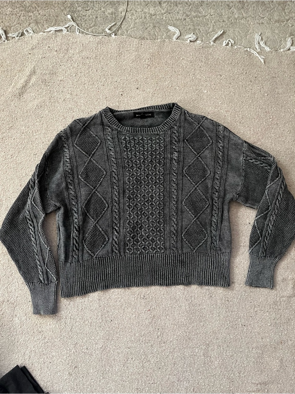 Charcoal Cable Knit Crewneck Cotton Sweater - Women